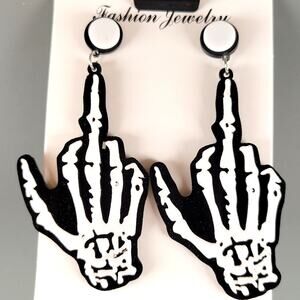 Skeleton Hand Earring Middle Finger Drop Statement Jewelry Punk Goth 3" NWT Edgy